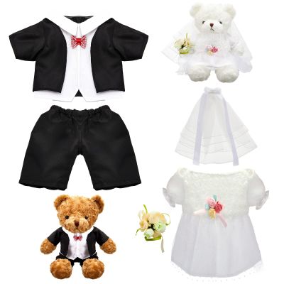 Civaner 2 Sets Wedding Bear Clothes Set for 14-16 Inch Stuffed Teddy Animal, Bride Dress & Groom Tuxedo Outfit, Stuffed Animal Clothing (Bear Not Included)
