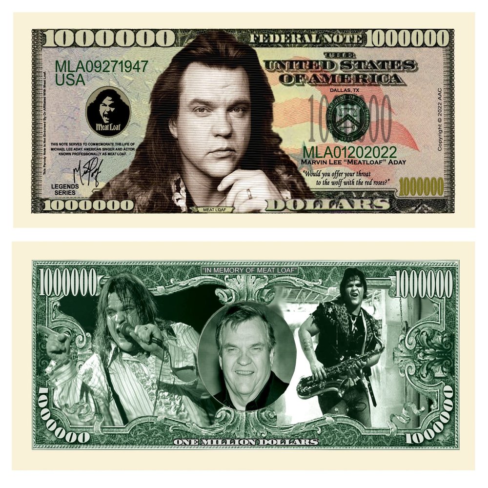 American Art Classics Pack of 25 Bills - Meatloaf Million Dollar Novelty Bill Collectible - Great Gift Or Keepsake for Fans of Meat Loaf