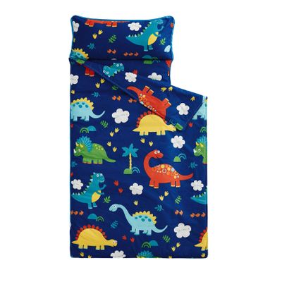 Wake In Cloud - Toddler Nap Mat with Pillow and Blanket, 100% Cotton Fabric, for Kids Boys Ages 3 Plus in Daycare Kindergarten Preschool, Roll Up Sleeping Bag, Cute Dinosaurs, Navy, Extra Long