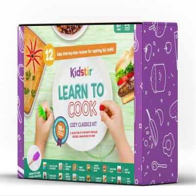 KIDSTIR Learn to Cook Kids Cooking Kit | 12 Delicious Kid-Friendly Recipes & Kids Size Cooking Tool | Easy Step-by-Step Instructions with STEAM Learning Best Cooking Gifts for Kids | Cozy Classics