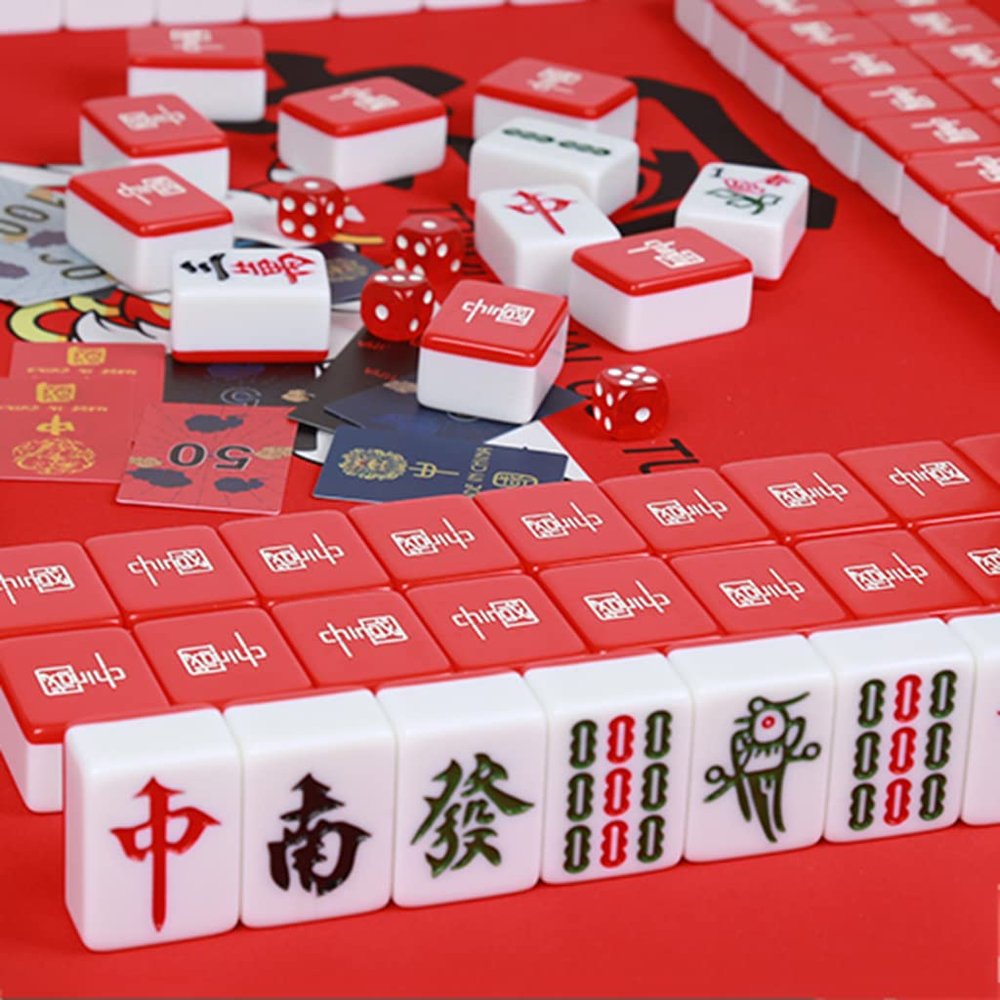 SHATONG Guofeng Pattern Chinese Mahjong with 144 Melamine Tiles,4 Dice, 2 Decks of Playing Cards, Chips and Mahjong Mat,Traditional Board for Travel Party Family Game Gift