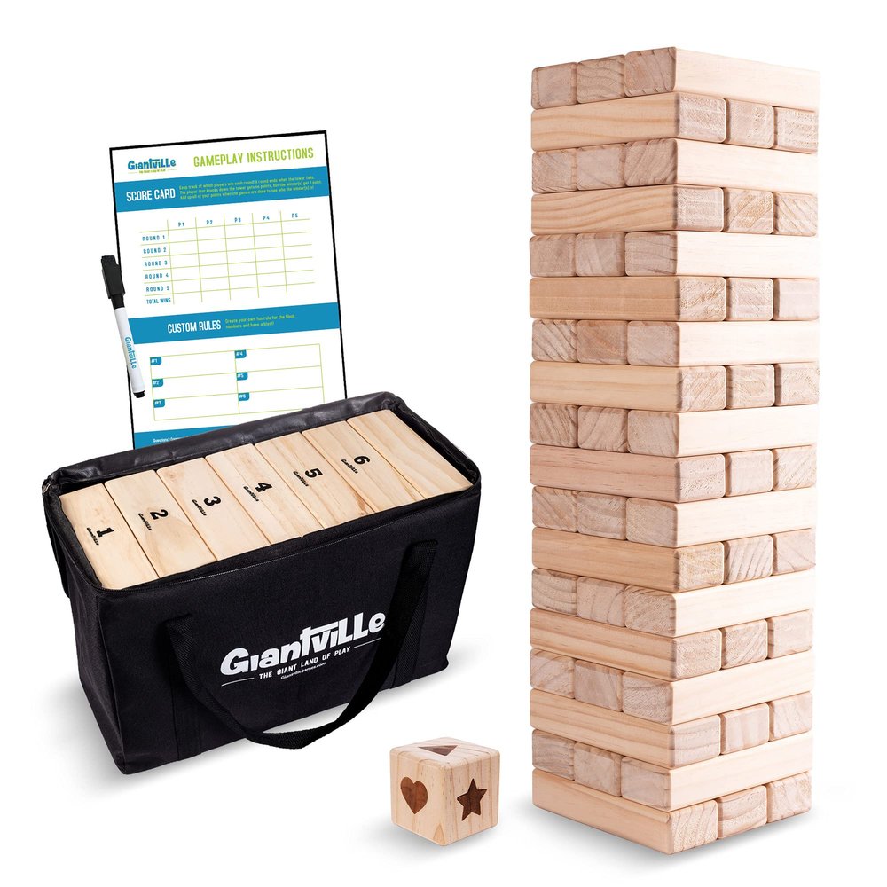 Giantville Giant Tumbling Timber Toy - Premium Pine Wood Life-Size Blocks Tower - Big Floor/Board Indoor/Outdoor Yard Game for - 54-Pieces + Dice + Carry Bag - Grows to Almost 4-Feet - 2025 Version