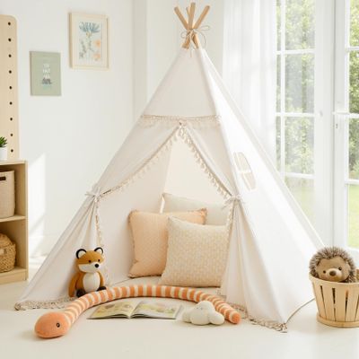 Sumbababy Kids Teepee Tent - Natural Canvas Playhouse with Fringe, Washable Fabric, Tipi Sleepover Tent, Includes Carry Bag, Lights & Colorful Flags - Perfect for Indoor & Outdoor Fun