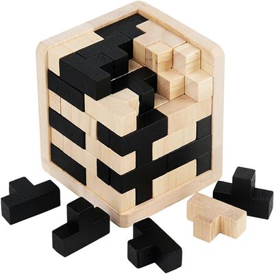 3D Wooden Brain Teaser Puzzle Cube Wooden Puzzles T-Shaped Jigsaw Logic Puzzle Game Puzzles Educational Toy for Kids and Adults (Black)