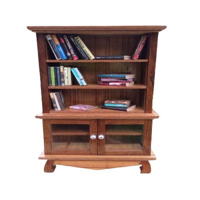 Miniature Teak Bookshelf Cabinet with Books Dollhouse Furniture