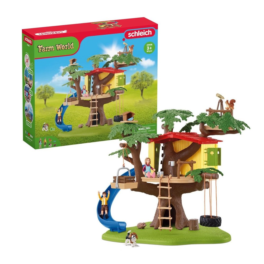 Schleich Farm World - 60PC Adventure Tree House Playset with 2 Child Figurines, Dog and Accessories - Realistic Farm Play Set Figures for Imaginative Play - Toys for Children, Toddlers Ages 3+ - 42408