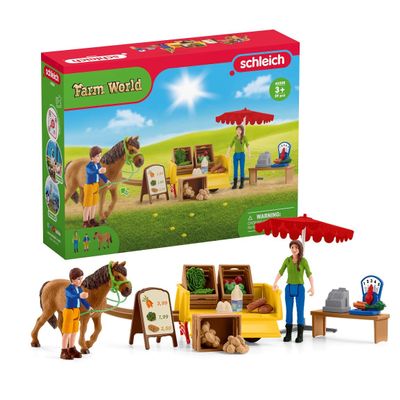 schleich FARM WORLD  Sunny Day Mobile Farm Stand Playset, Farm Play Set with Farmer Dolls, Horse and Mobile Produce Stand, Farm Animal Toys for Kids Ages 3+