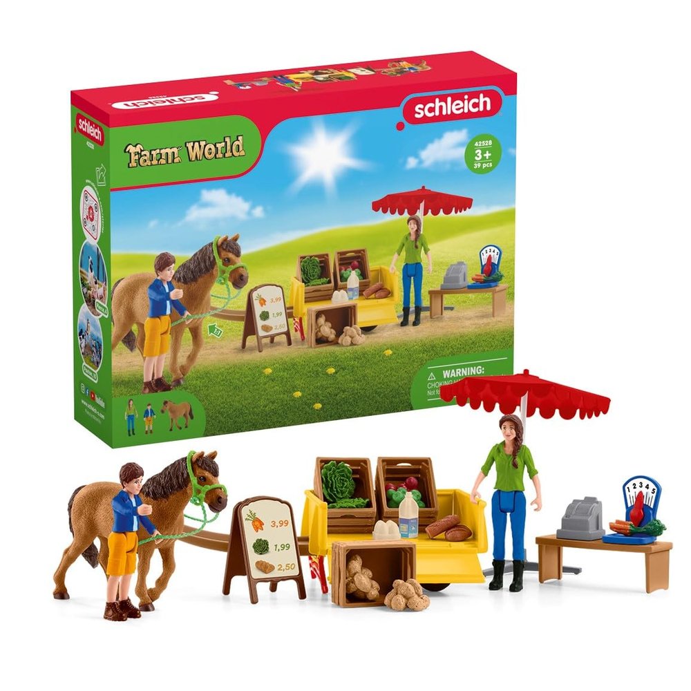 schleich FARM WORLD  Sunny Day Mobile Farm Stand Playset, Farm Play Set with Farmer Dolls, Horse and Mobile Produce Stand, Farm Animal Toys for Kids Ages 3+
