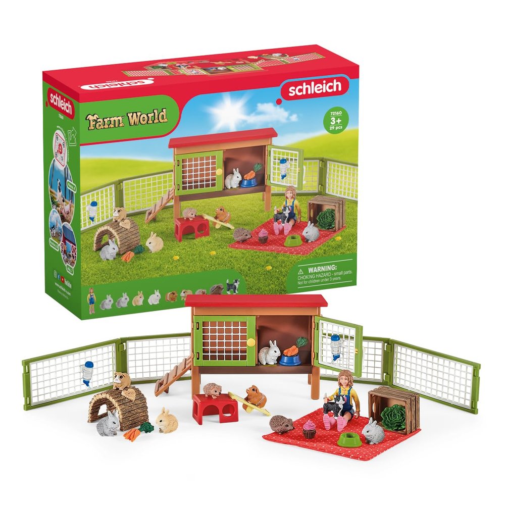 Schleich Farm World - 26 PC Little Pets Pen and Picnic Playset - Tiny Pets Farm Friends with Girl, Kitten, Bunnies and Accessories - Miniature Animal Toys for Girls and Boys - Kids 3+