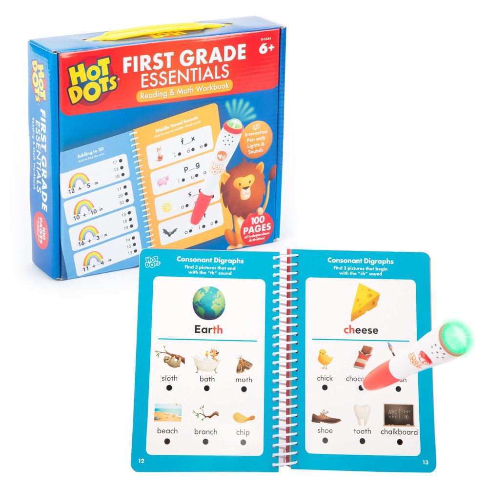 Educational Insights Hot Dots First Grade Essentials: Reading & Math Workbook - 1st Grade Workbooks with Interactive Pen, Homeschool Learning Activities, Build Reading Fluency and Math Skills, Ages 6+