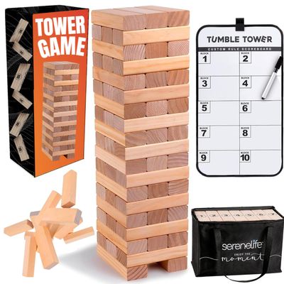 SereneLife 56 PCS Giant Tumble Tower for Indoor and Outdoor Games - Non-Toxic Stackable Timber Blocks Set Fit to Kids and Adults - Zippered Carrying Bag, Book Scoreboard and Offers Hours of Enjoyment
