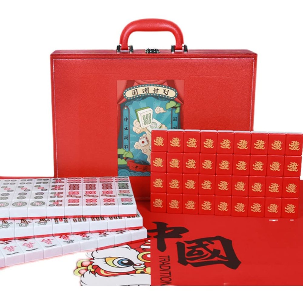 SHATONG Guochao Hand-Rubbed Mahjong Chinese Mahjong 40/42/44# 144 Melamine Tiles Festive Household Hand-Rubbed Mahjong Tiles with Carrying Travel Case for Chinese Style Game Play