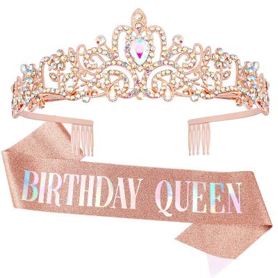 COCIDE Birthday Queen Tiara & Crown Set - Silver & Rose Gold Tiara + Sash, Rhinestone Headband, Glitter Sash for Women & Girls' Parties