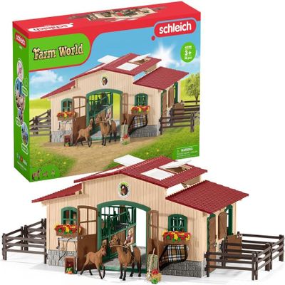 schleich Farm World - 43PC Stable Playset with Horse Figurines - Barn Play Set with Horseback Rider Figure and Equestrian Accessories - Realistic Horse Toys for Screen-Free Play - Kids 3+ | 42195