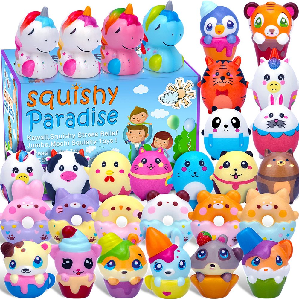 POKONBOY 30 Pack Squishy Toys for Kids Party Favors Bulk, Kawaii Animals Squishies Pack Unicorn Donuts Birthday Gifts for Boys Girls Classroom Treasure Prizes (with Keychains)