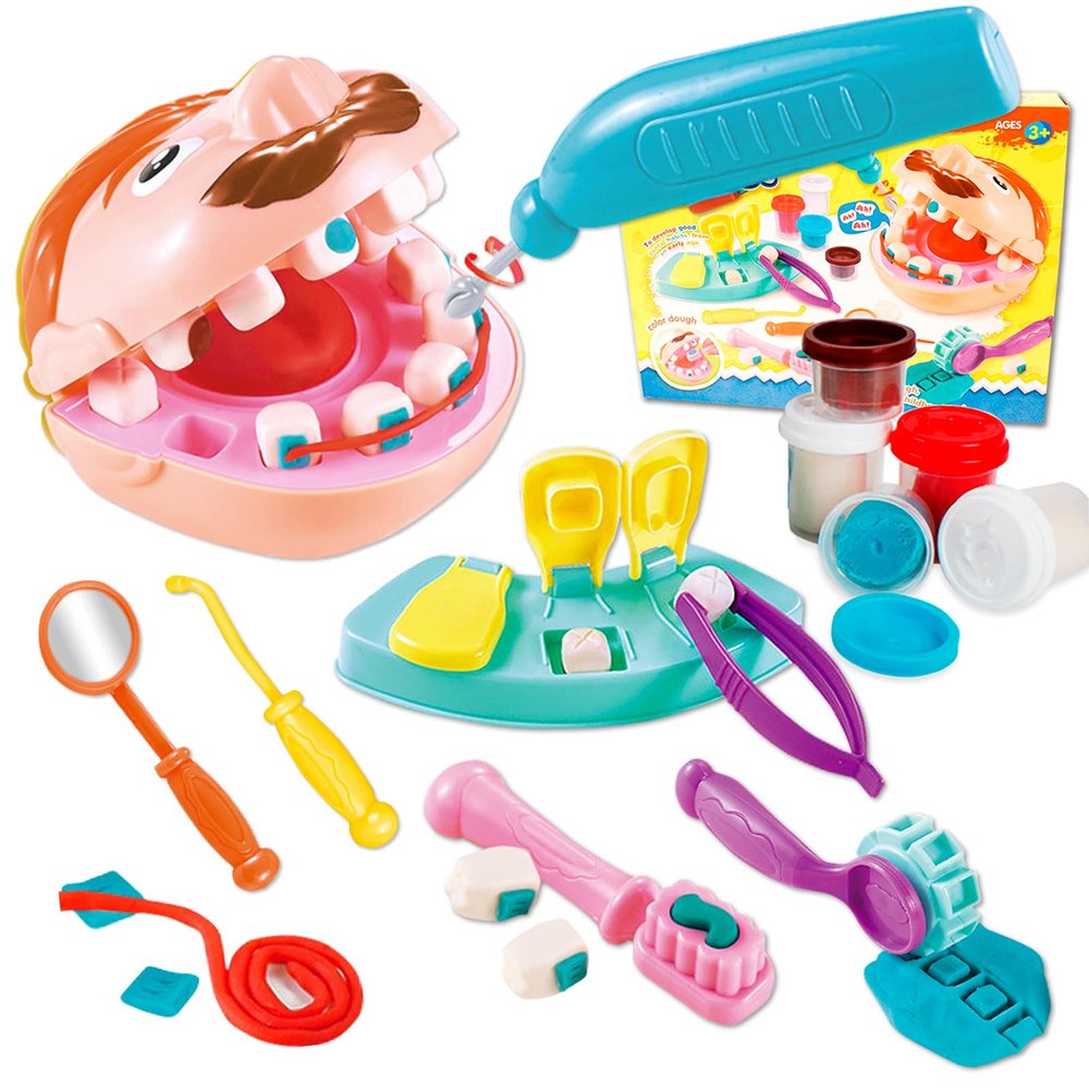 Crelloci Dentist Color Dough Set, Dental Tools Kit Drill and Fill, Doctor DIY Playset Toys for Kids Toddlers 3 Years and Up, Art & Craft Gift with Moulds, Models, 5 Non-Toxic Color