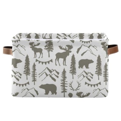 Forest Moose Bear Mountain Trees Wild Nature Retro Grey Style Rectangular Storage Basket Bin, Collapsible Storage Box with Leather Handles, Nursery Baskets Organizer for Kitchen, Kids Toy