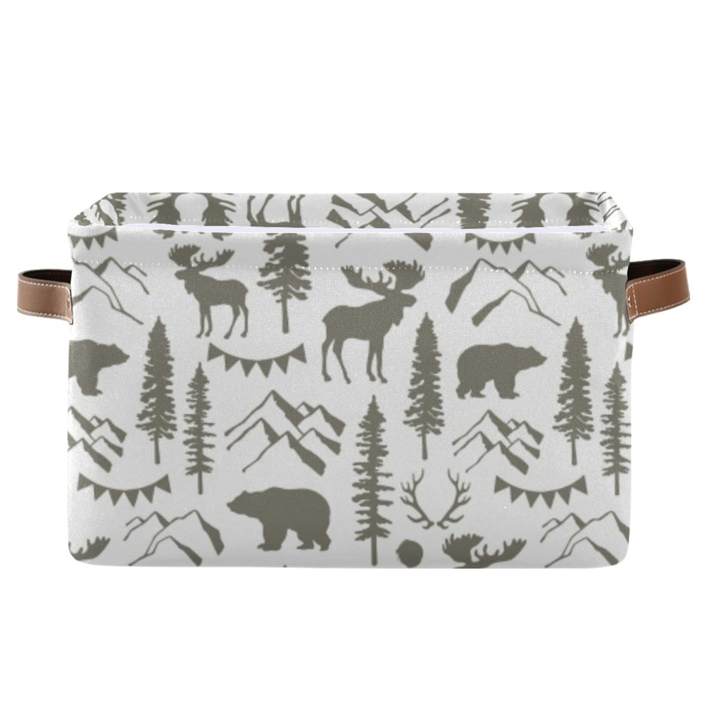Forest Moose Bear Mountain Trees Wild Nature Retro Grey Style Rectangular Storage Basket Bin, Collapsible Storage Box with Leather Handles, Nursery Baskets Organizer for Kitchen, Kids Toy