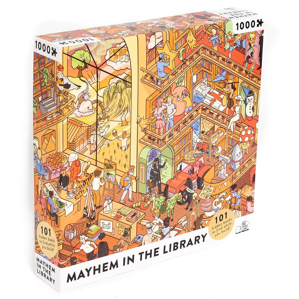 Big Potato Mayhem in The Library: Book Jigsaw Puzzle for Adults (1000 Pieces) Filled with 101 Riddles to Solve
