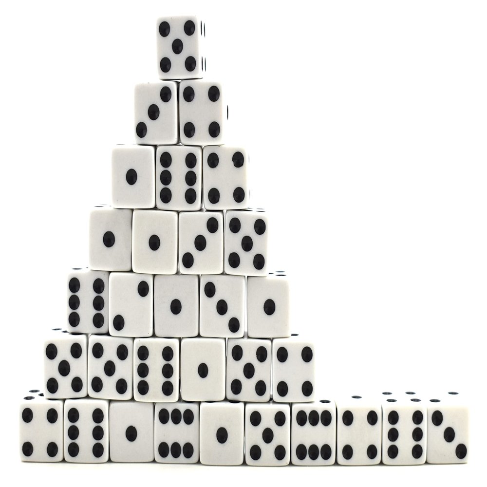 6 Sided Black and White Game Playing Dice 16mm Standard Size Acrylic (12)