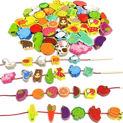 Intsinzi 46 PCS Montessori Wooden Lacing Beads Toys for Toddlers,Educational Stringing Animals Fruits Farm Threading Beads Preschool Learning Toys for Kids 3 4 5 6 Year Old Boys Girls