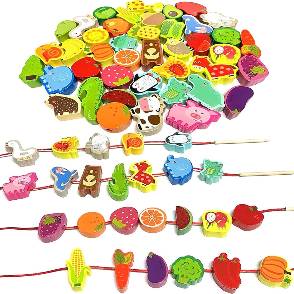 Intsinzi 46 PCS Montessori Wooden Lacing Beads Toys for Toddlers,Educational Stringing Animals Fruits Farm Threading Beads Preschool Learning Toys for Kids 3 4 5 6 Year Old Boys Girls
