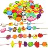 Intsinzi 46 PCS Montessori Wooden Lacing Beads Toys for Toddlers,Educational Stringing Animals Fruits Farm Threading Beads Preschool Learning Toys for Kids 3 4 5 6 Year Old Boys Girls view 1