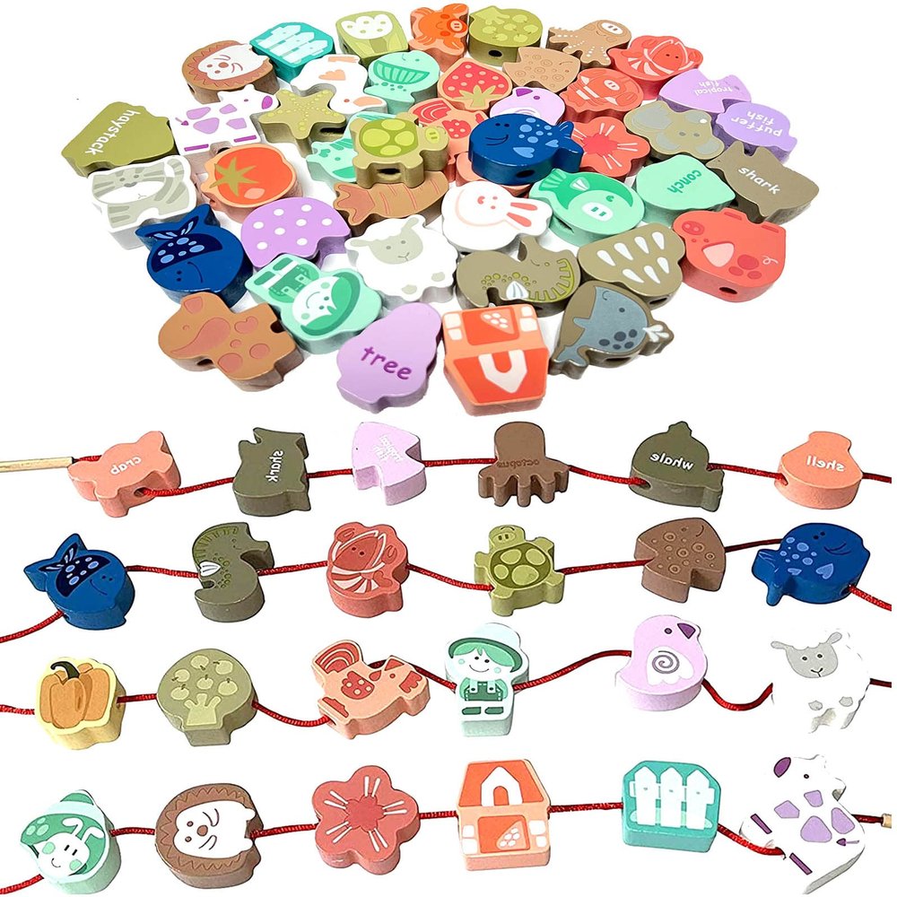 Intsinzi Educational Wooden Threading Beads Toys for Toddlers,47 PCS Stringing Animals Ocean Farm Preschool Lacing Beads,Montessori Toys for Kids 3 4 5 6 Year Old Boys Girls