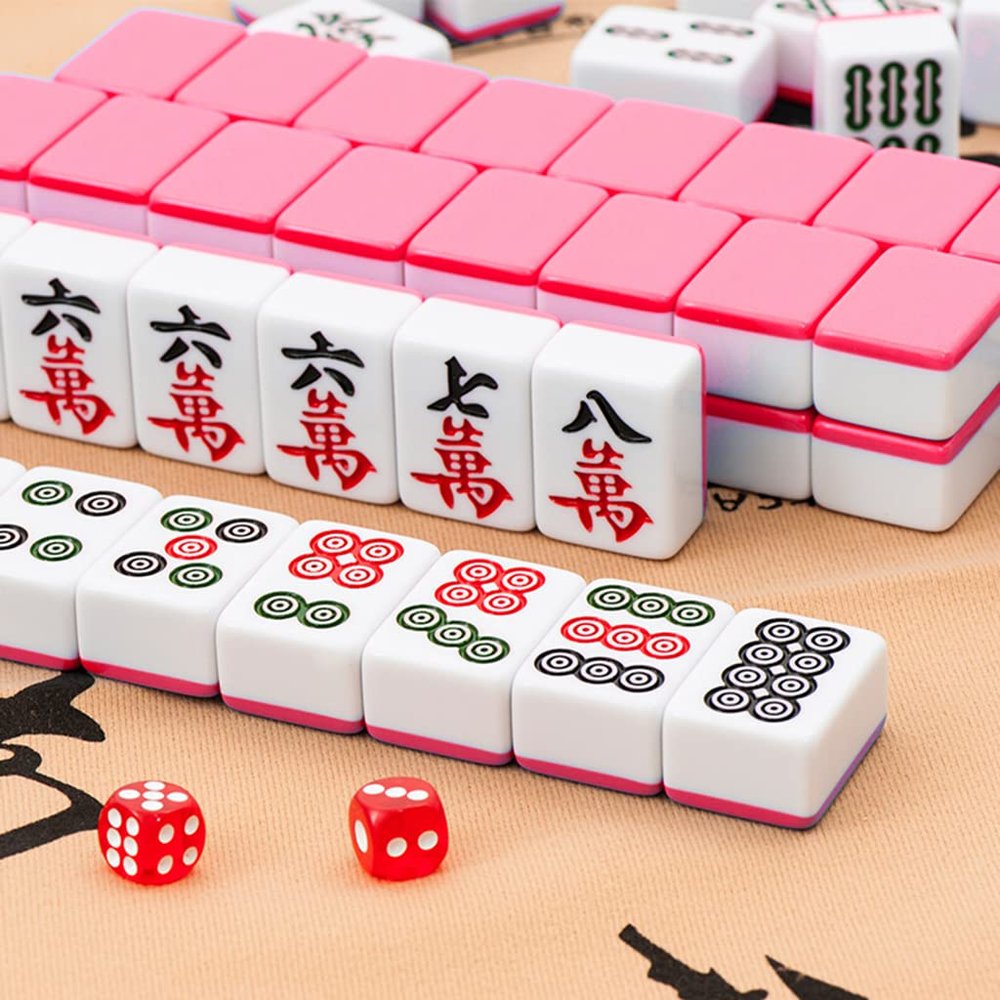 SHATONG Portable Majhong Games Set 144 Melamine Tiles Traditional Chinese Mahjong with Dice and Mat for Chinese Style Game Play