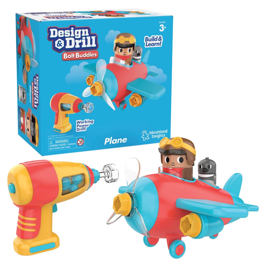 Educational Insights Design & Drill Bolt Buddies Plane - Construction Toys & Toddler Tools, Kids Tool Set with Real Electric Drill Toy, Take Apart STEM Set, Building Kits and Gifts for Ages 3+