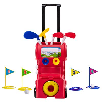 Franklin Sports Kids Toy Golf Set - MyFirst Plastic Golf Clubs + Balls Set for Kids + Toddlers - Mini Toy Righty + Lefty Golf Club Set - Includes Carry Case, (4) Balls + (4) Holes, Red