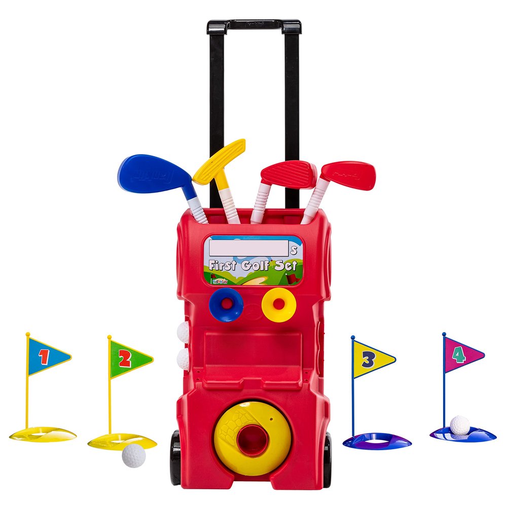 Franklin Sports Kids Toy Golf Set - MyFirst Plastic Golf Clubs + Balls Set for Kids + Toddlers - Mini Toy Righty + Lefty Golf Club Set - Includes Carry Case, (4) Balls + (4) Holes, Red