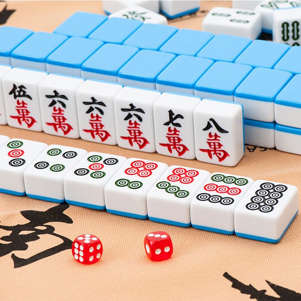SHATONG Chinese Mahjong 144 Melamine Mahjong Tiles Board Game Game Set with Dice and Mat Portable Soft Bag Entertainment Best Gift for Chinese Style Game Play