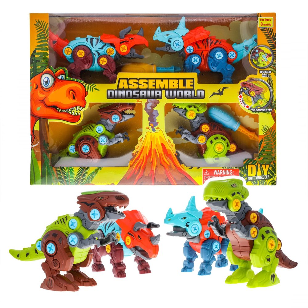 Kidplokio Buildable STEM Dinosaur Toy Figure Assemble & Create Action Creatures (T-Rex, Acanthosaurus, Macrosaurus, and Triceratops)