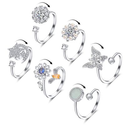 Honsny 6Pcs 14K Gold Plated Anxiety Rings for Women, Adjustable Spinner Anxiety Ring, CZ Butterfly Bee Moon Star Fidget Rings for Anxiety Stress Relief for Women
