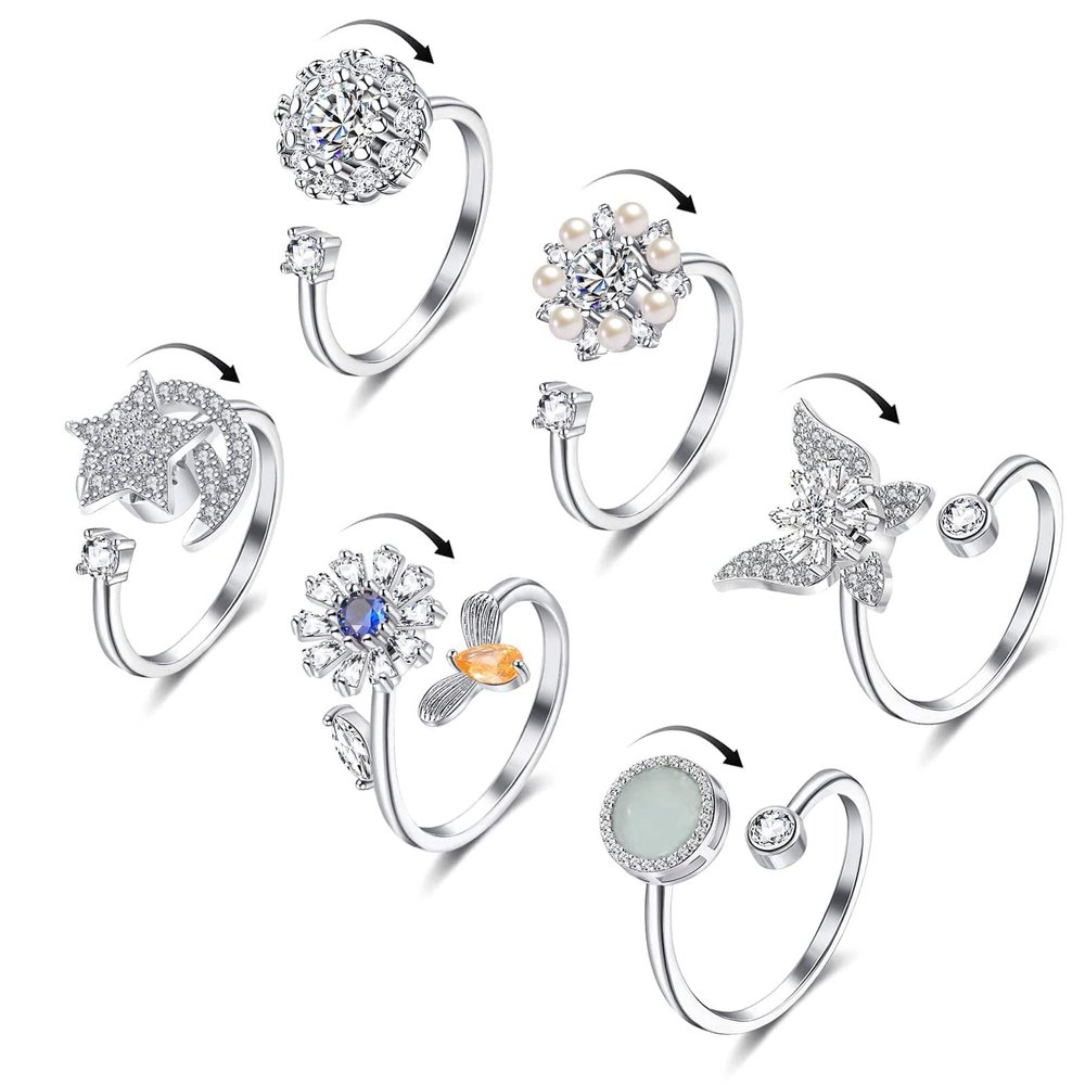 Honsny 6Pcs 14K Gold Plated Anxiety Rings for Women, Adjustable Spinner Anxiety Ring, CZ Butterfly Bee Moon Star Fidget Rings for Anxiety Stress Relief for Women
