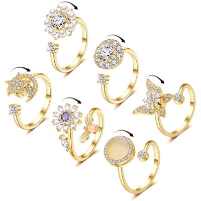 Honsny 6Pcs 14K Gold Plated Anxiety Rings for Women, Adjustable Spinner Anxiety Ring, CZ Butterfly Bee Moon Star Fidget Rings for Anxiety Stress Relief for Women