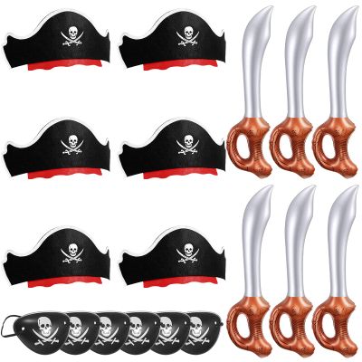 Legigo 18 Pcs Funny Pirate Party Set- Include 6 Pirate Hats, 6 Eye Patches, 6 Inflatable Swords for Pirate Party Cosplay Caribbean Dress Accessories