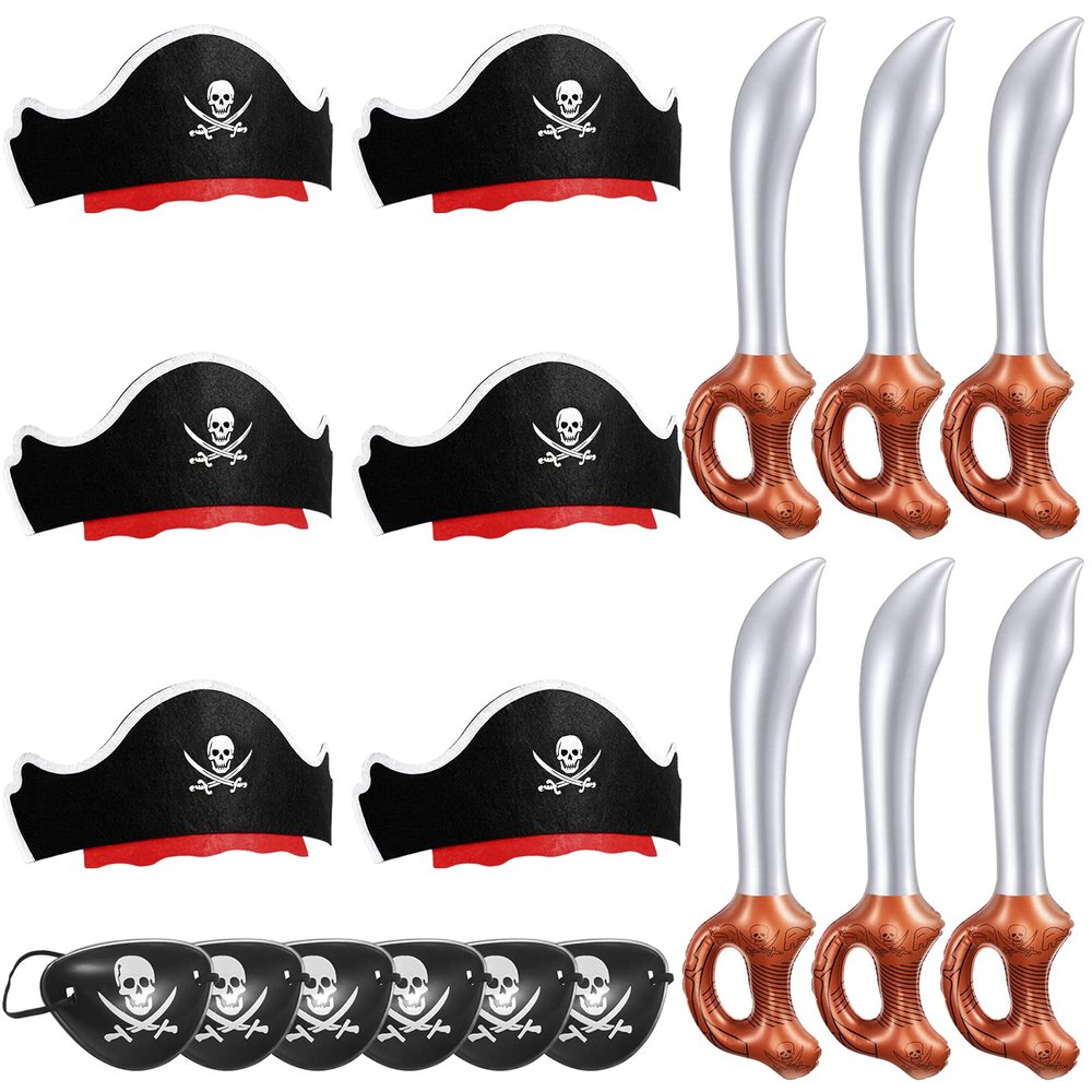 Legigo 18 Pcs Funny Pirate Party Set- Include 6 Pirate Hats, 6 Eye Patches, 6 Inflatable Swords for Pirate Party Cosplay Caribbean Dress Accessories