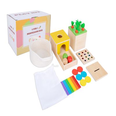 Montessori Toys for 1+ Year Old Babies - 4-in-1 Play Kit Includes Carrot Harvest Game, Infant Coin Box, Fine Motor Skills Toys and Object Permanence Box