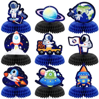 9 Pcs Outer Space Theme Honeycomb Centerpiece Outer Space Party Decorations Paper Planet Table Decor Solar System Astronaut Ufo Table Topper for First Trip Around the Sun Birthday Party Supplies