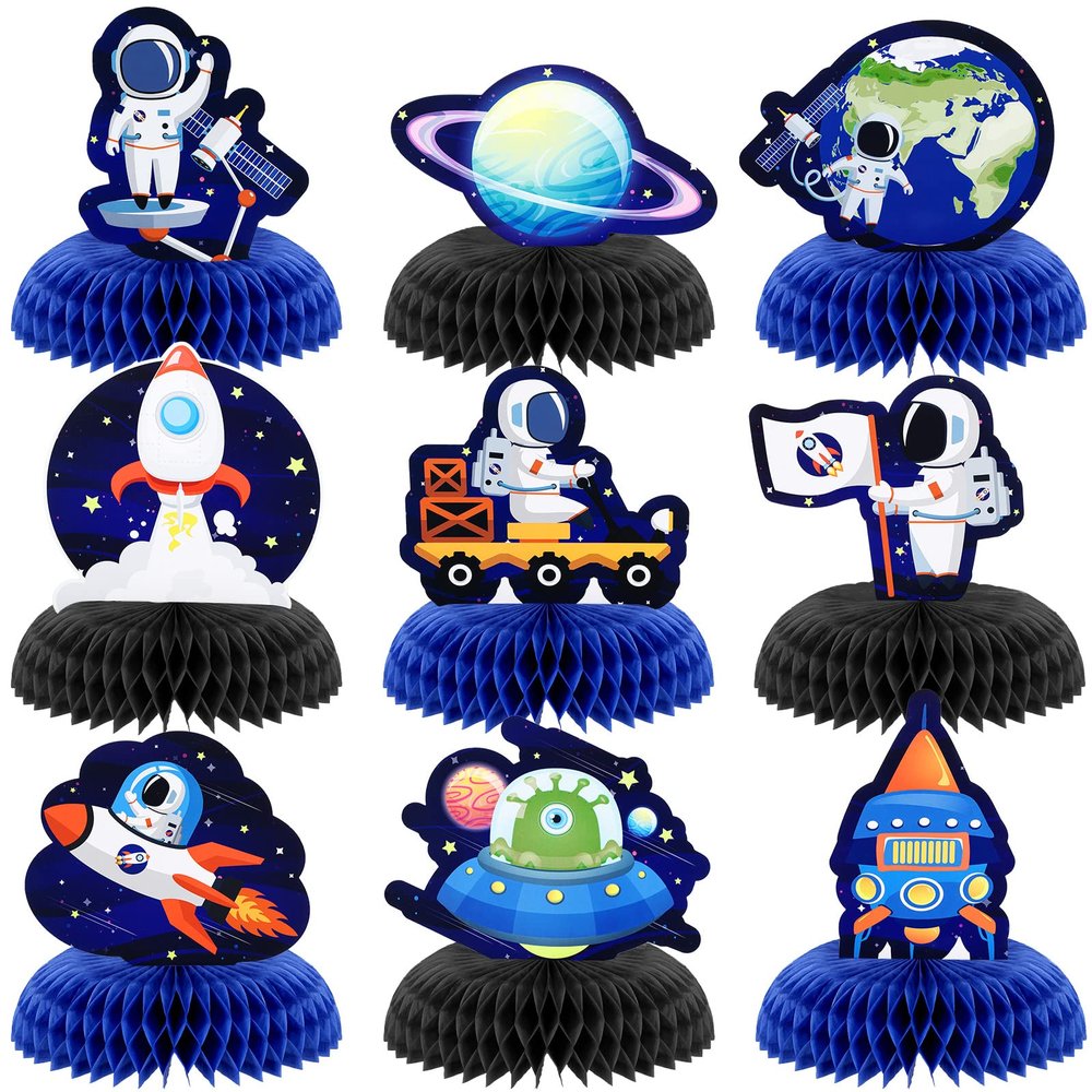 9 Pcs Outer Space Theme Honeycomb Centerpiece Outer Space Party Decorations Paper Planet Table Decor Solar System Astronaut Ufo Table Topper for First Trip Around the Sun Birthday Party Supplies