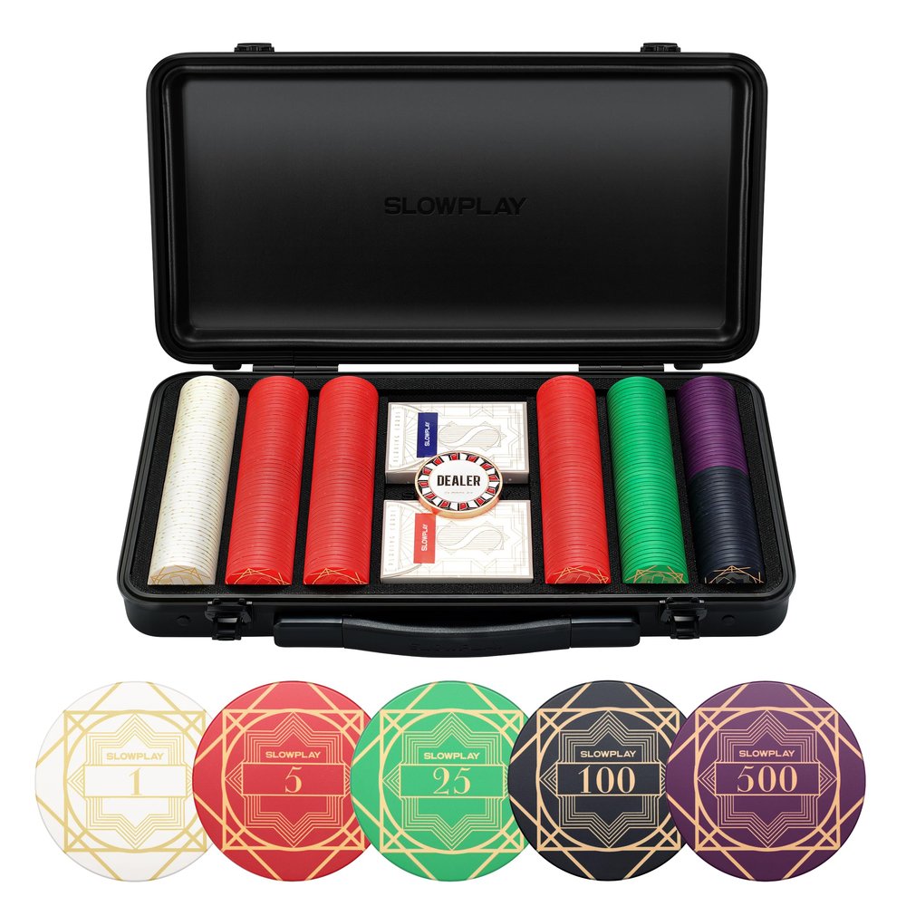SLOWPLAY Nash Ceramic Poker Chips Set for Texas Hold'em, 300 PCS [with Numbered Values],43mm Poker Chips, 12g Each | Features a High-end Chip case with Extra Durable German Polycarbonate Shell