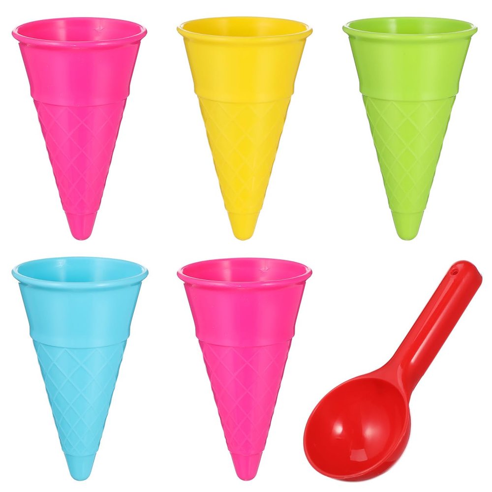 Toyvian Ice Cream Cone Scoop Set for Kids 6Pcs Plastic Beach Toys Sand Ice Cream Cones and Scoop Outdoor Play Easy Grip Kids Beach Toy for Motor Skill Development