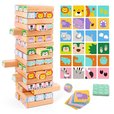 Nene Toys Wooden Block Stacking Game  4-in-1 Tumble Tower Family Board Game with Building Blocks, Cards and Dice  African Safari Educational Wooden Toy for Kids 3-9 Years Old About Animals