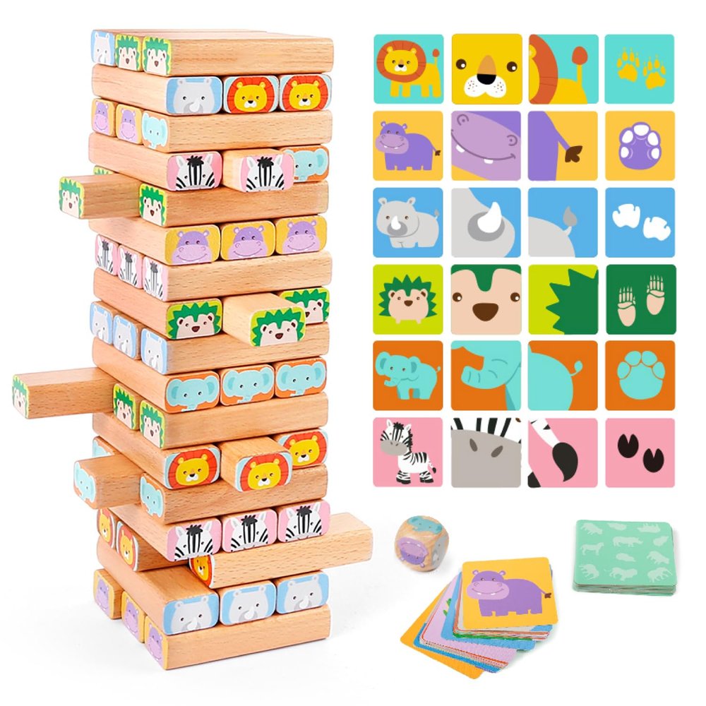Nene Toys Wooden Block Stacking Game  4-in-1 Tumble Tower Family Board Game with Building Blocks, Cards and Dice  African Safari Educational Wooden Toy for Kids 3-9 Years Old About Animals