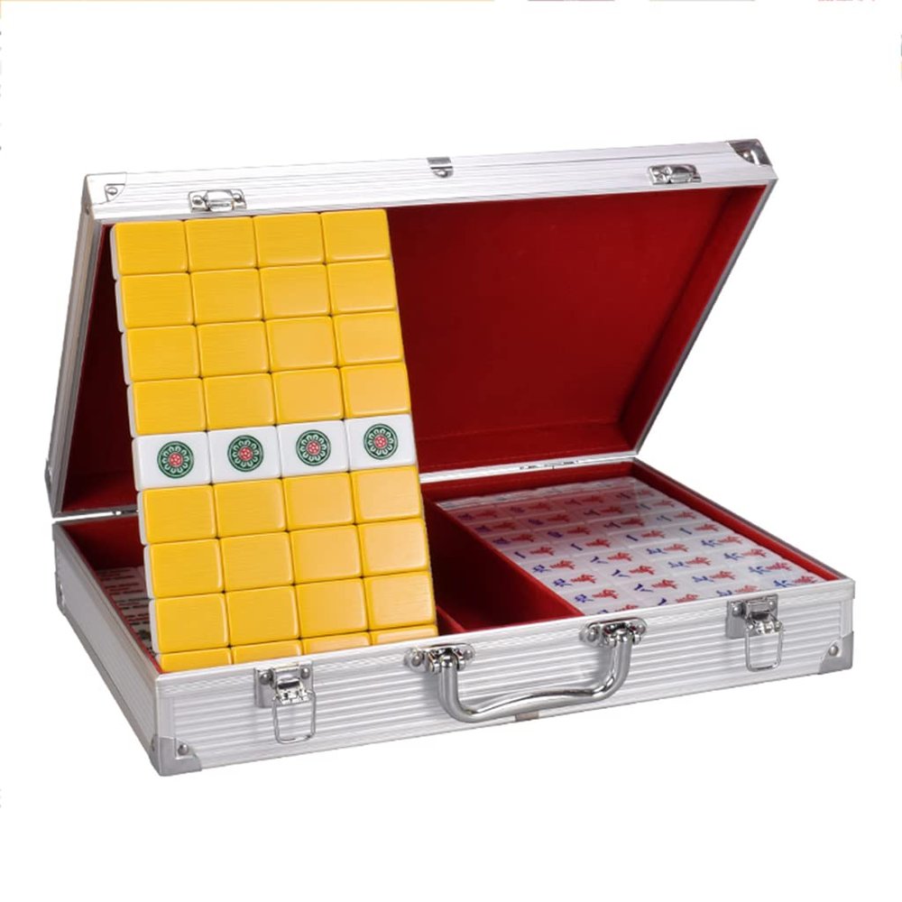 SHATONG Mahjong 136 Melamine Tiles Chinese Mahjong Game Set with Aluminum Box Board Games Complete Majong Game Sets Beautiful Gift Suitable for Collection(Color:Yellow)