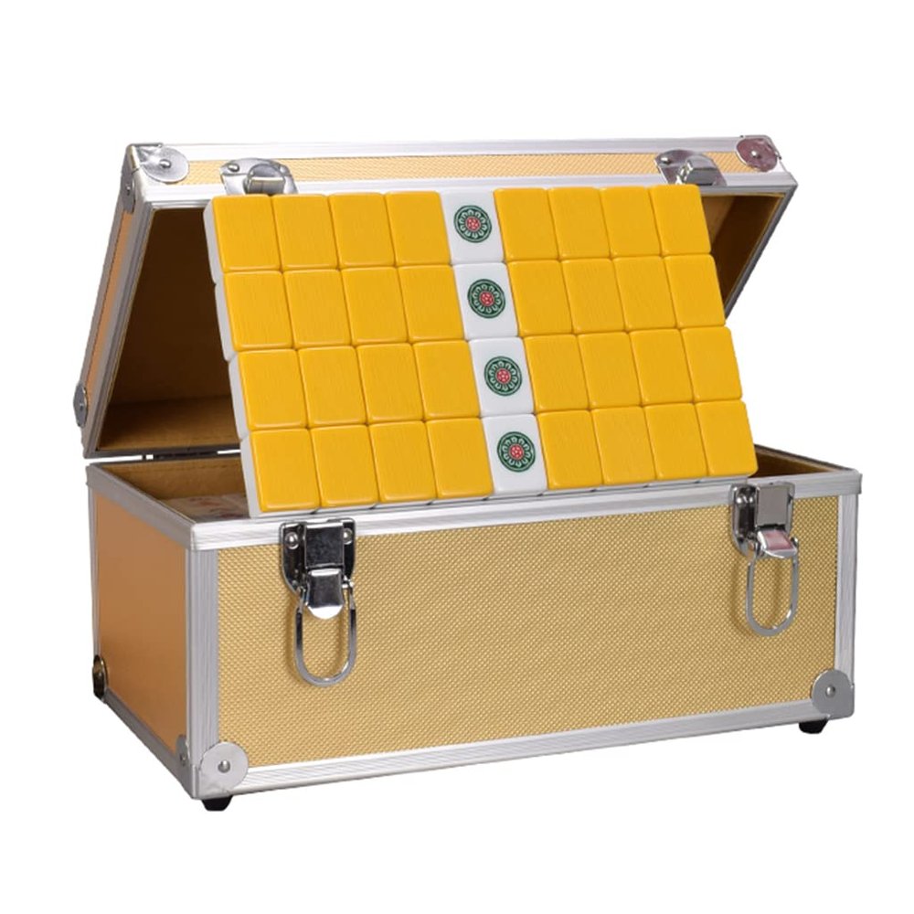 SHATONG Mahjong 136 Melamine Tiles Chinese Mahjong Game Set with Aluminum Box Board Games Complete Majong Game Sets Beautiful Gift Suitable for Collection(Color:Yellow)