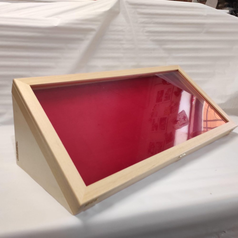 Teca Wooden Display Stand Natural interior in velvet (red in photo)