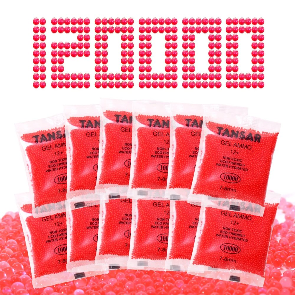 TANSAR Gel Ball Blaster Ammo Splat Gel Gun Refill(7-8 mm,12 Packs,10,000 Pieces Per Pack), 7.5mm Gels Splatter Bullets, for Ages 14+, Red